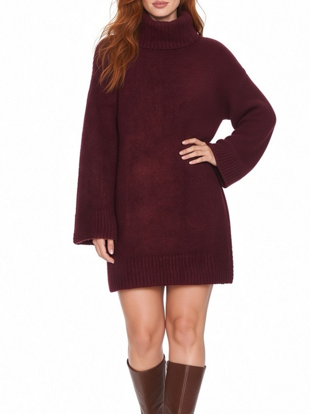 Revolve Burgundy Knit Exaggerated Sleeve Turtleneck Mini Shift Dress: Size Small